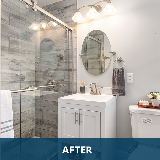 After picture of an interior bathroom remodeling project with granite and tile flooring by Stello Homes